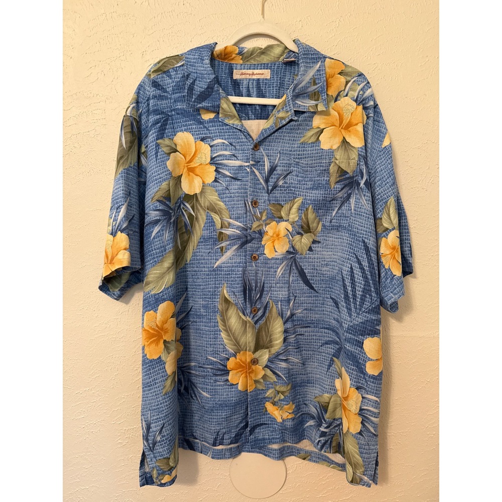 Tommy Bahama Mens XLX Silk Blend Blue Hibiscus‎ Floral Tropical Camp Shirt